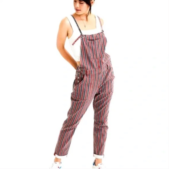 ⭐️ AE High-Waisted Tomgirl Denim Overall Striped Hipster Hippie Artsy Jumpsuit - Picture 1 of 7